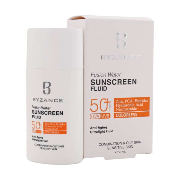 فلوئید ضد آفتاب فیوژن واتر SPF۵۰ بیزانس مناسب پوست چرب و مختلط حجم ۵۰ میل