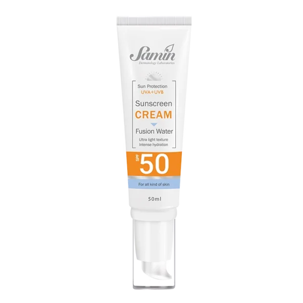 کرم ضدآفتاب فیوژن واتر ثمین spf 50 مناسب انواع پوست